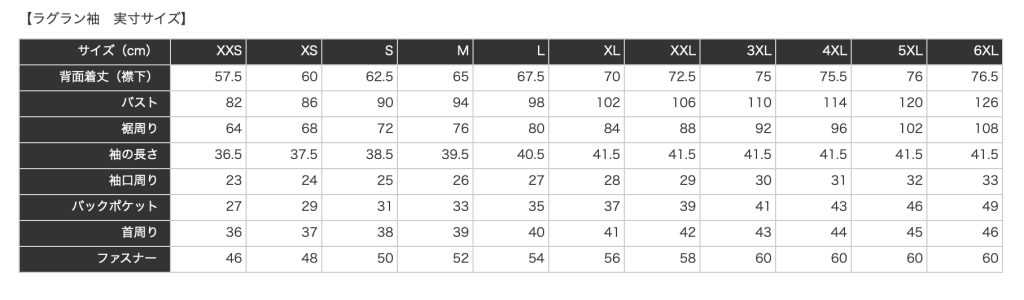 半袖ジャージサイズ表